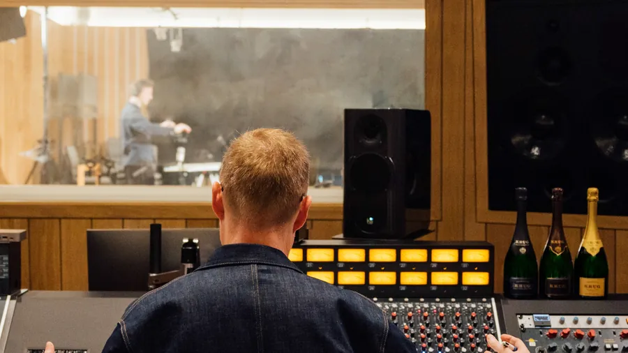 Krug Every Note Counts: recording studio with three bottles of Krug on the mixing desk